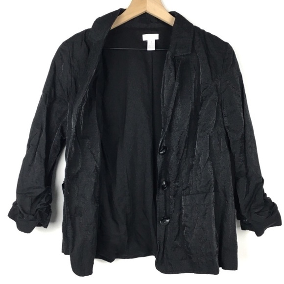 CHICOS Jacket Blazer Shiny Sateen Crinkle Black Minimalist Evening Size 1 Medium - Picture 5 of 9